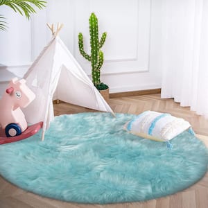 Sheepskin Faux Furry Light Blue Cozy Rugs 4 ft. x 4 ft. Round Area Rug