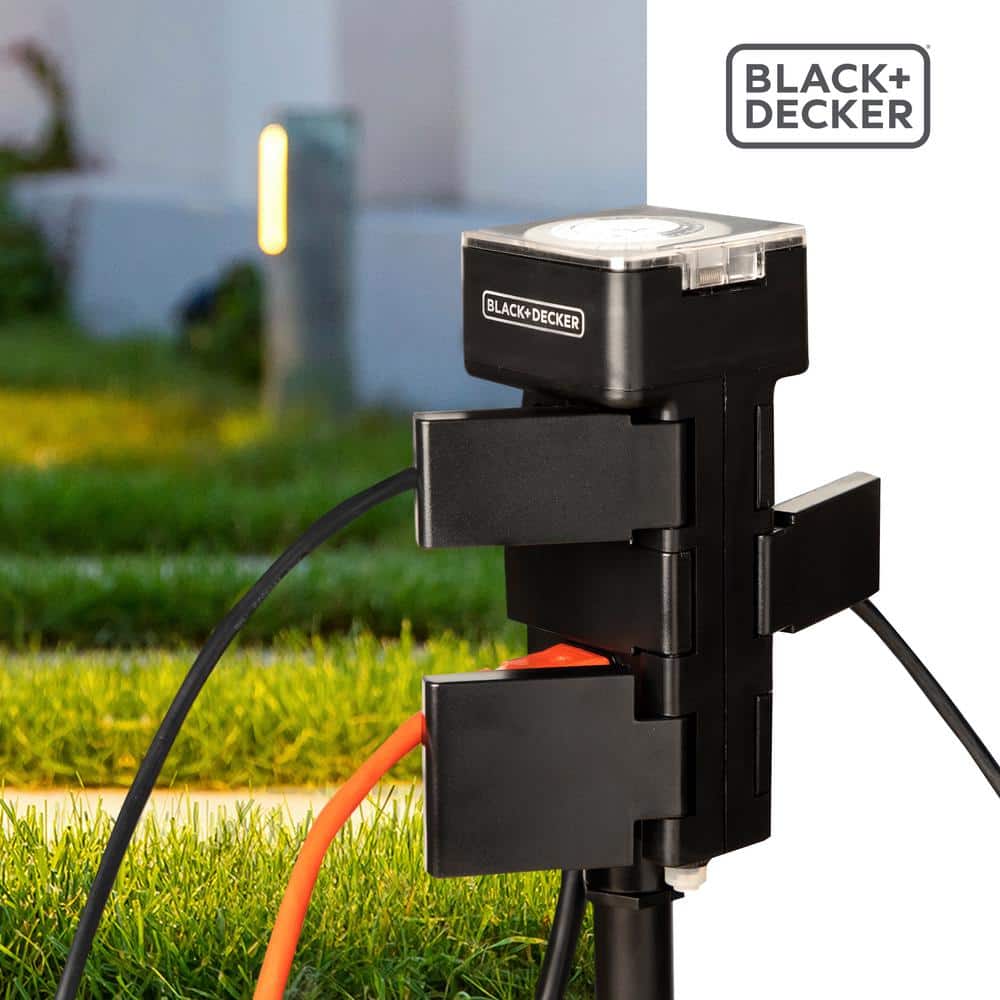 Black Waterproof Outdoor Garden Timer Stake with 6 Grounded Outlets