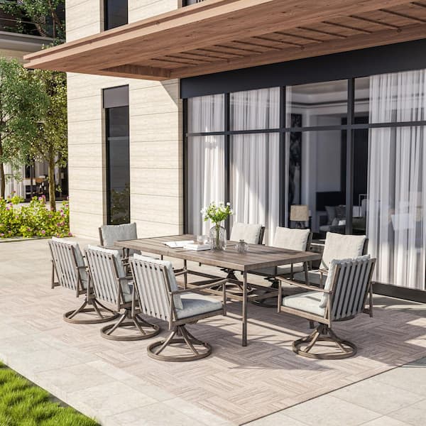 EGEIROSLIFE Sleek Line 9-Piece Aluminum Rectangular Outdoor Dining Set with Swivel Chairs and Light Gray Cushions