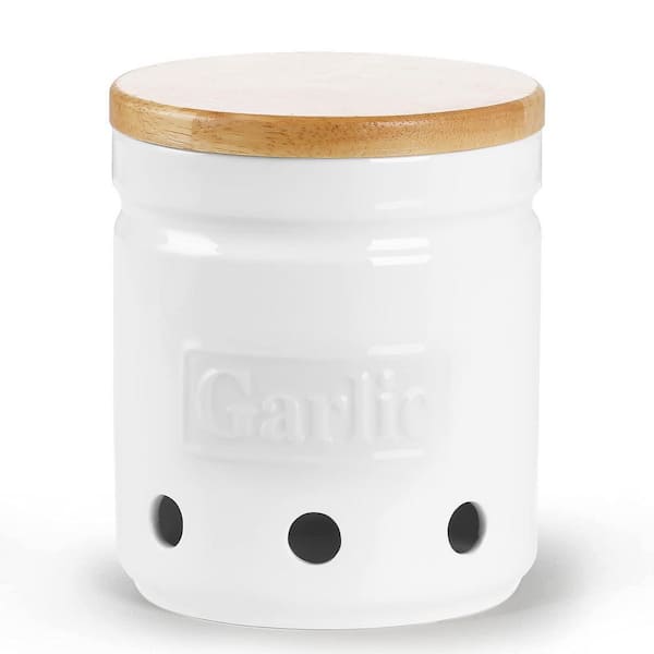 White Ceramic Garlic Keeper with Wooden Lid, 24 oz. Garlic Holder Storage, Long-Lasting Fresh Garlic Container