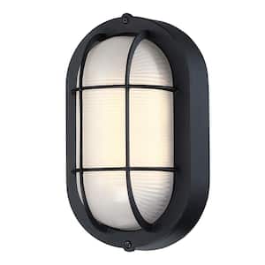 Ali Textured Black Integrated LED Outdoor bulkhead Wall Lantern Sconce with Ellipse Frosted Glass Shade