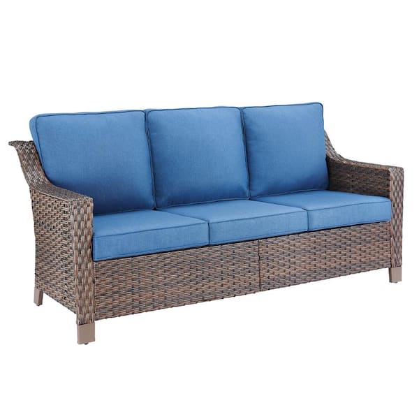 Pocassy Skinny Guy Series 3-Seat Brown Wicker Outdoor Patio Sofa Couch with Cushion Guard Blue Cushions