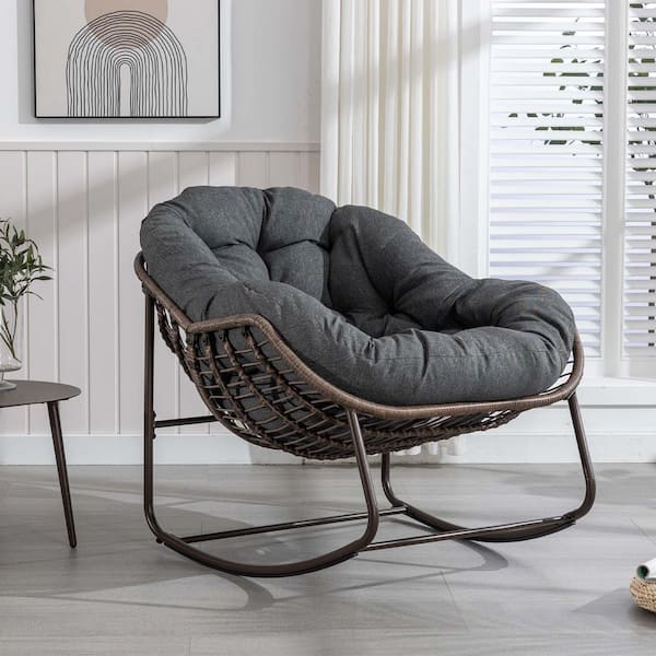 Hand-Woven Wicker Outdoor Rocking Chair with Padded Cushion in Grey
