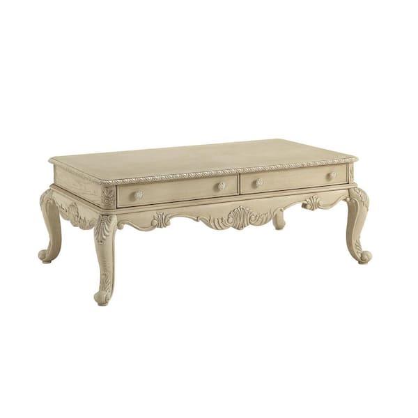 Acme Furniture Ragenardus 52 in. Antique White Large Rectangle Tempered Glass Coffee Table with Drawers