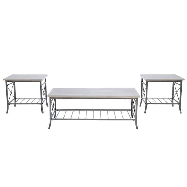 Linon Home Decor Helge 47.5 in. L Whitewash Rectangle Wood Top 3pack Occasional Coffee Table and Accent/End Tables