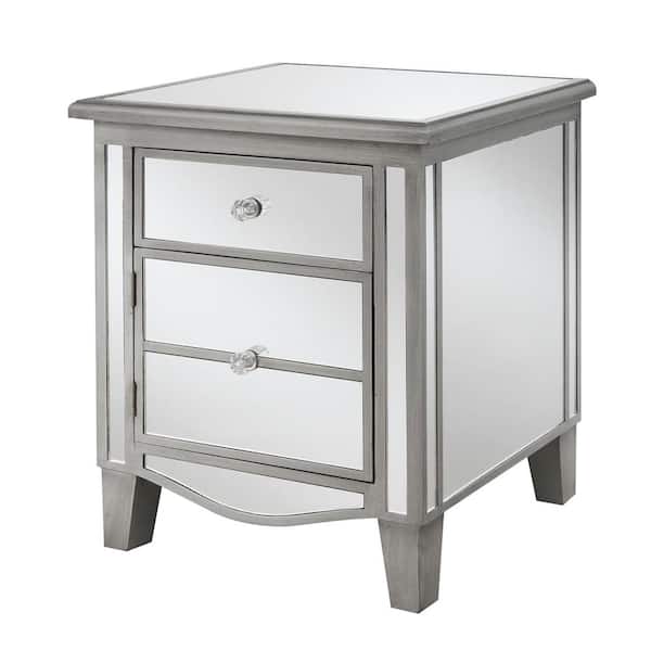 Convenience Concepts Gold Coast Park Lane 18 in. W x 22 in. H Antique Silver and Mirror End Table with Drawer and Cabinet