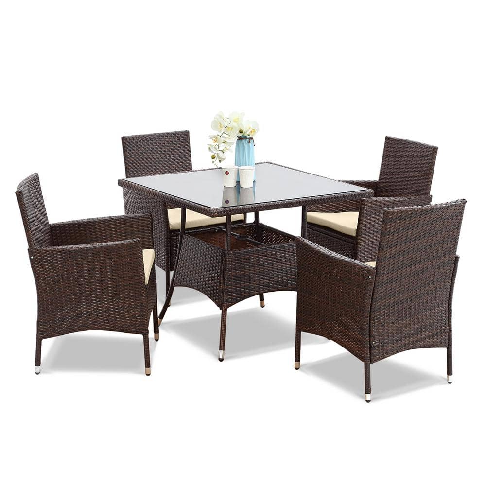 PE 5-Piece PE Rattan Wicker Patio Outdoor Dining Set with Beige Cushions
