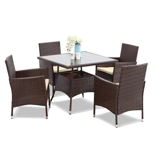 Unbranded PE 5-Piece PE Rattan Wicker Patio Outdoor Dining Set with Beige Cushions