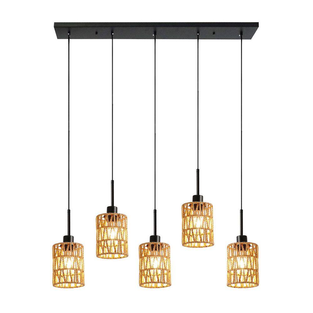 5-Light Black Rustic Pendant Light with Woven Hemp Rope Shade and Adjustable Height, No Bulbs Included price history on PriceWatchPro