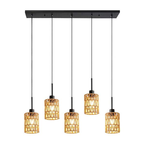 OUKANING 5-Light Black Rustic Pendant Light with Woven Hemp Rope Shade and Adjustable Height, No Bulbs Included