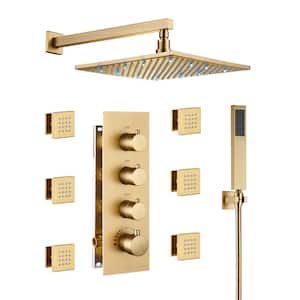 Luxury LED Thermostatic 3-Spray Patterns 12 in. Wall Mount Rain Dual Shower Heads with 6-Jet in Brush Gold