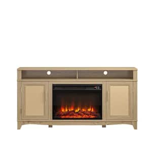 63 in. Wooden TV Stand Electric Fireplace in Natural Wood with Shaped Base for TVs up to 65 in.