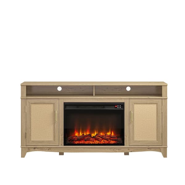 FESTIVO 63 in. Wooden TV Stand Electric Fireplace in Natural Wood with Shaped Base for TVs up to 65 in.