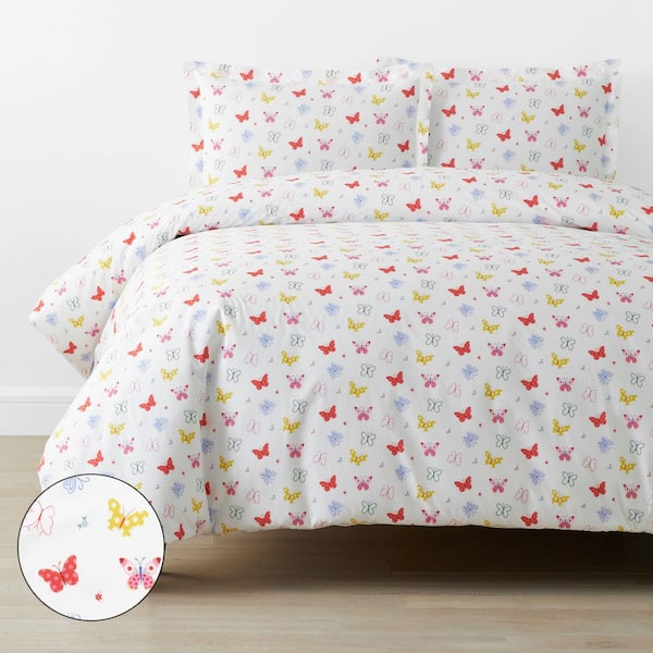 Company Kids White Multi Ditsy Butterflies Organic Cotton Percale Twin/Twin XL Duvet Cover Set
