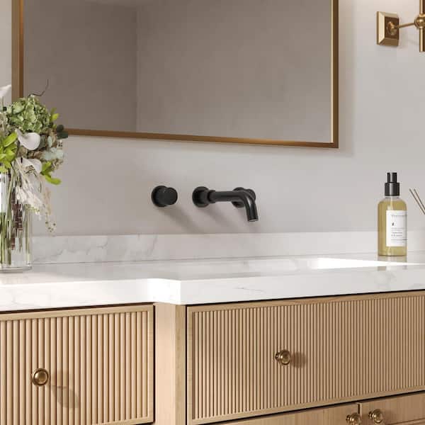 Serenity Stream Wall-Mount 8 in. Widespread Double Handle Bathroom Faucet in Matte Black Drain Included