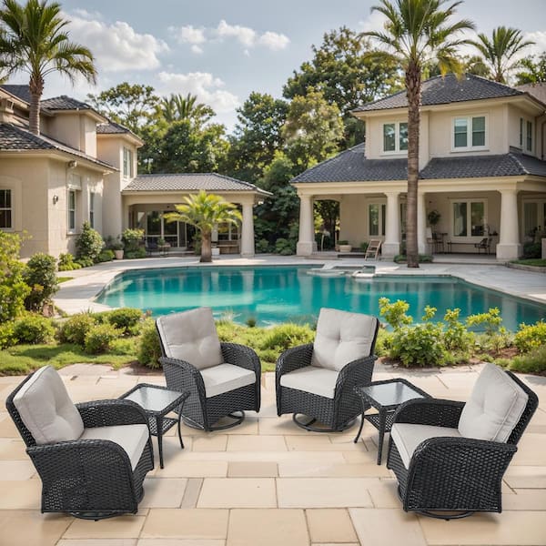 Farmhouse 6-Piece Black Wicker Outdoor Rocking Chair with Olefin Beige Cushions and Swivel Glides / Side Tables