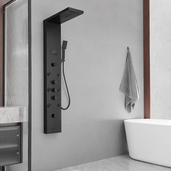 5-in-1, 8-Jet Shower Panel Tower System with Rainfall Waterfall Shower Head, and Massage Body Jets in Matte Black