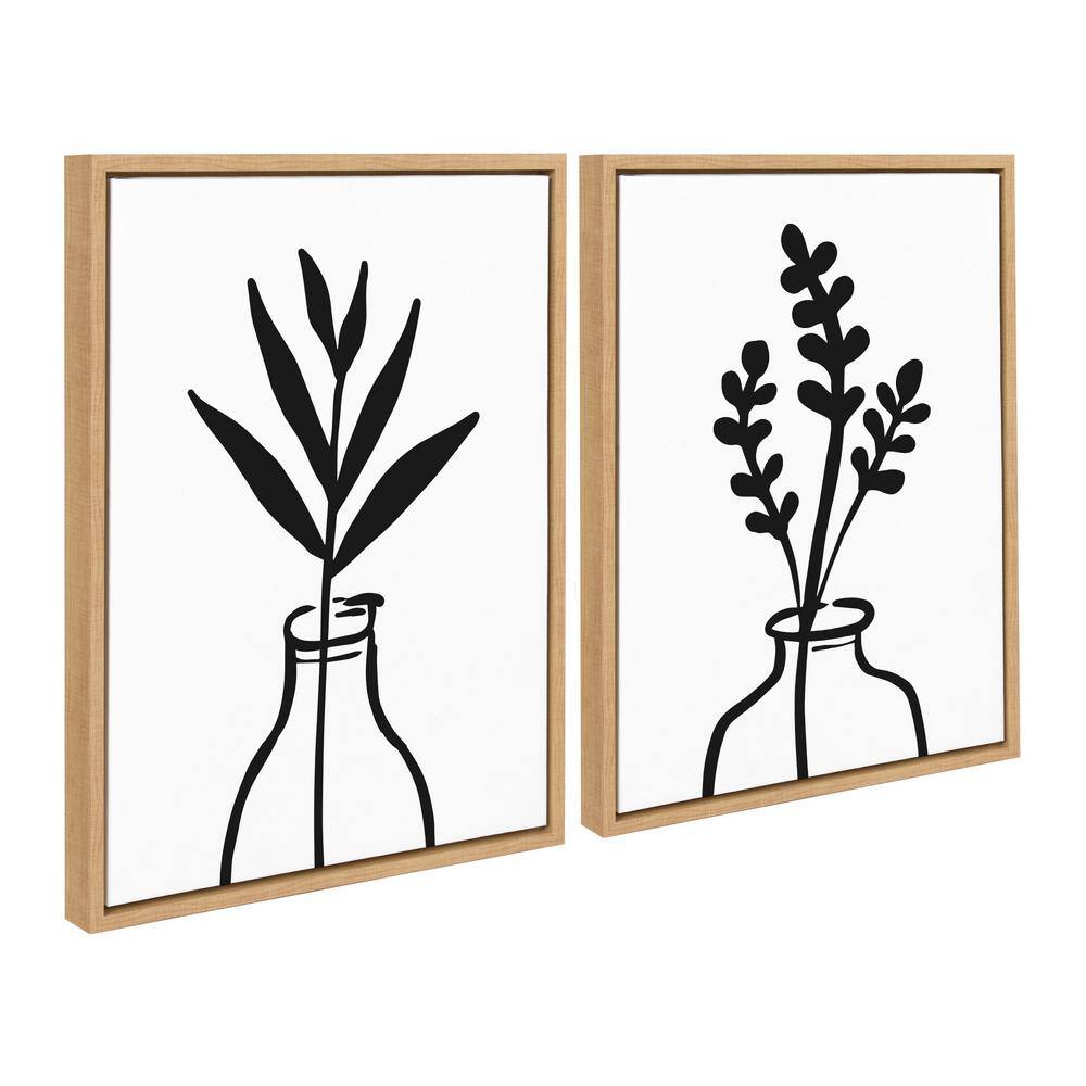 Modern Botanical Black and White Canvas Print Set with Natural Frames