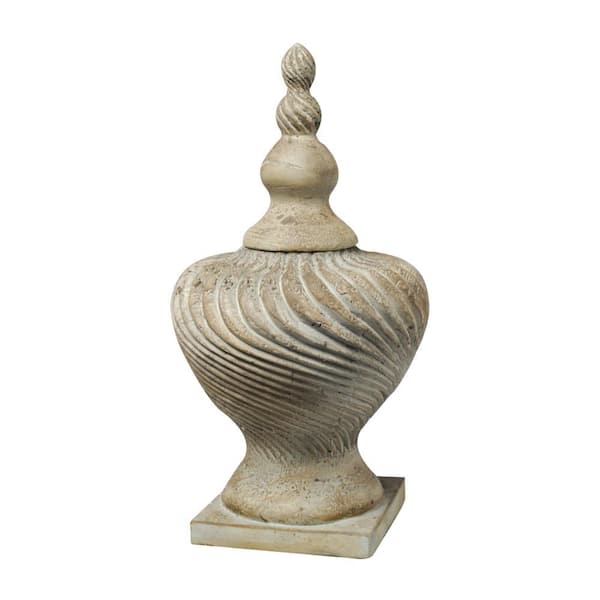 Benjara White Urn Magnesium Lidded Vase with Turned Finial Design and Swirl Pattern