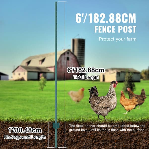 VEVOR 6 ft. Fence Post, T-Post Heavy-Duty Metal Fence Posts, Sturdy Steel Fence Stakes for Garden Yard, Lawn, Green (6-Pack) WLLZJSK6JZ6Y7M4FOV0