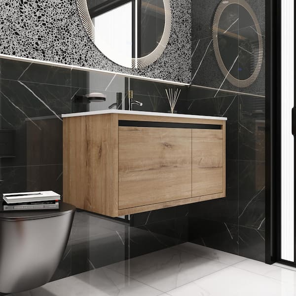 FAMYYT 36 in. W x 18 in. D x 19.4 in. H Single Sink Floating Bath Vanity in Imitative Oak with White Cultured Marble Top