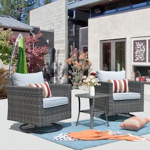 Megon Holly Gray 3-Piece Wicker Patio Conversation Seating Sofa Set with Gray Cushions and Swivel Rocking Chairs