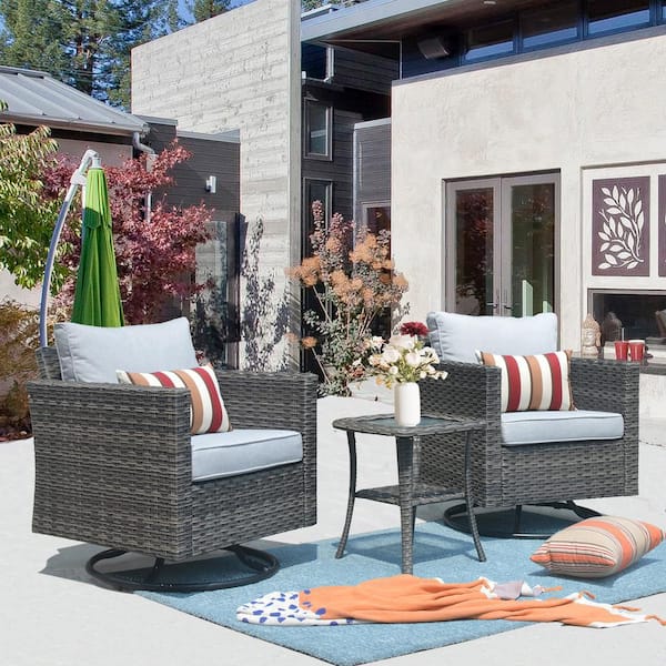 XIZZI Megon Holly Gray 3-Piece Wicker Patio Conversation Seating Sofa Set with Gray Cushions and Swivel Rocking Chairs