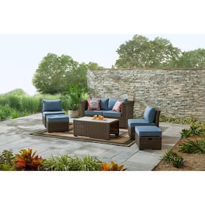 Whitfield 6-Piece Dark Brown Wicker Outdoor Patio Seating Set with CushionGuard Steel Blue Cushions