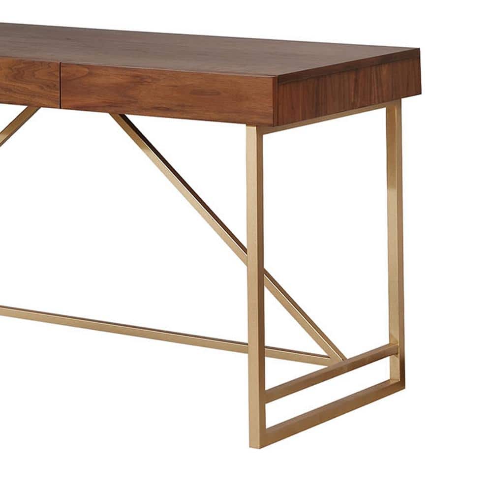 Walnut Brown Wooden Writing Desk with Gold Metal Legs and Drawers