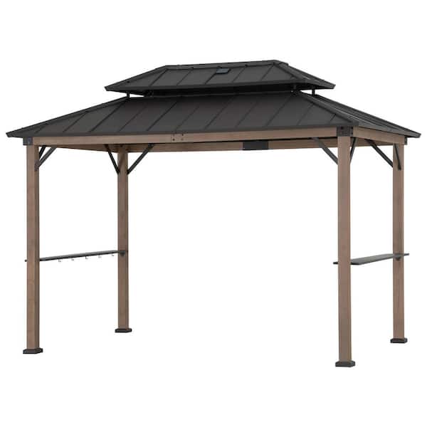 Sunjoy 8 ft. x 12 ft. Hammered Brown Churchill Cedar Framed Grill Gazebo with DC Solar Power for Backyard