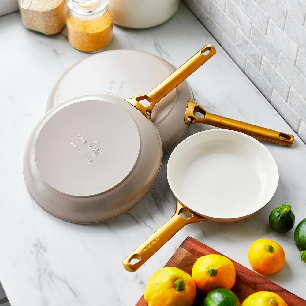 Taupe and Gold Aluminum Ceramic Nonstick Fry Pan Set, 8", 10", 12"