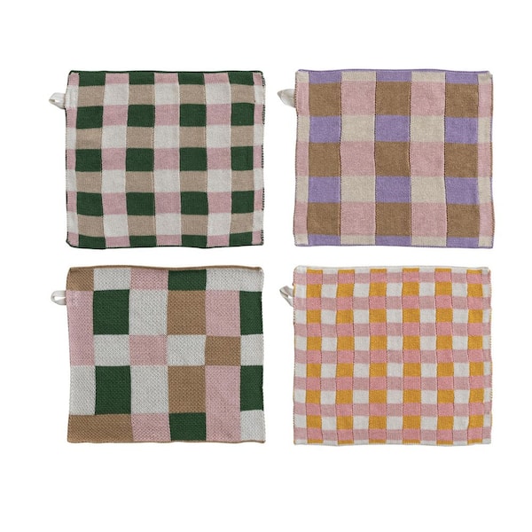 Multicolor Check and Plaid Pattern Cotton Knit Dish Cloth (Set of 4)