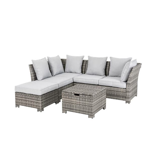 Glitzhome 6-Piece Wicker Outdoor Patio Conversation Set with Gray Cushion's