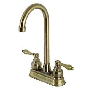 Victorian 2-Handle Deck Mount Gooseneck Bar Prep Faucets in Antique Brass