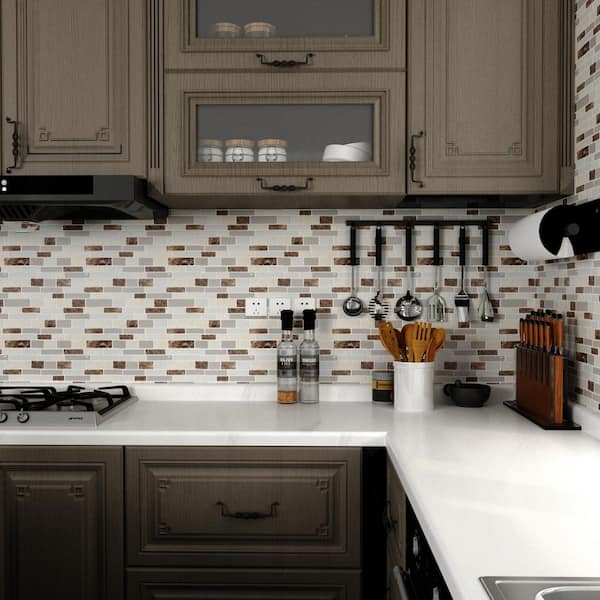 12 in. x 12 in. Vinyl Peel and Stick Backsplash Tile Self Adhesive Wall Tiles Sticker for Kitchen Brown Marble (10-Pack)
