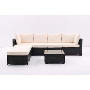 7-Piece Dark Coffee Wicker Outdoor Sectional Sofa Set with Corner Chairs Ottomans Glass Top Table and Beige Cushions