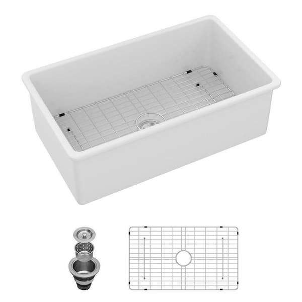 30 in. Undermount Fireclay Sink Single Bowl Glossy White Kitchen Sink with Bottom Grid