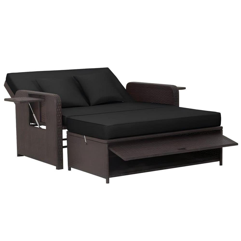 3-in-1 PE Wicker Patio Outdoor Day Bed with Cushions Adjustable Backrest Side Tables Storage Ottoman