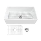 Farmhouse Apron Front Fireclay 33 in. Single Bowl Kitchen Sink in White with Grid and Strainer