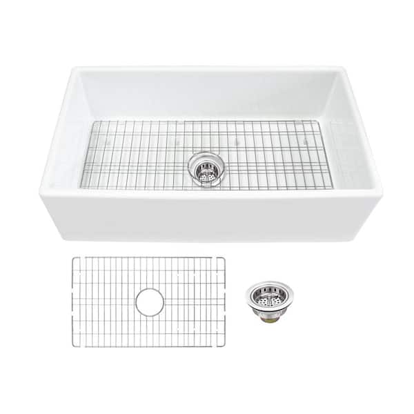 IPT Sink Company Farmhouse Apron Front Fireclay 33 in. Single Bowl Kitchen Sink in White with Grid and Strainer