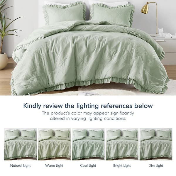 Phoebe 3-Piece Sage Microfiber Full/Queen Diamond Quilted Ruffle Edge Comforter Set