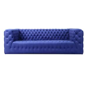 Vicenza 89.37 in. Blue Solid Velvet 3-Seater Tufted Sofa