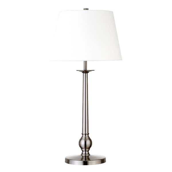 HomeRoots 28 in. White Modern Integrated LED Buffet Table Lamp with White Fabric Shade