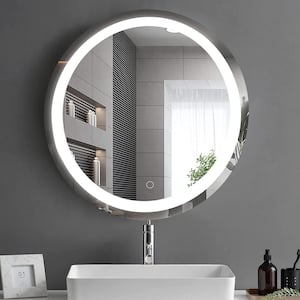 24 in. W x 24 in. H Round Glass Framed Anti-Fog LED Dimmable Wall Bathroom Vanity Mirror in White