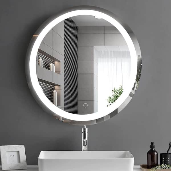 Unbranded 24 in. W x 24 in. H Round Glass Framed Anti-Fog LED Dimmable Wall Bathroom Vanity Mirror in White