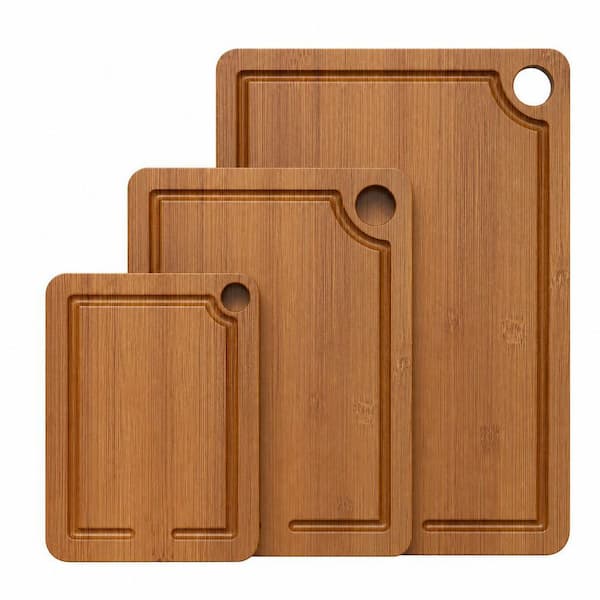 3-Piece Bamboo Cutting Board for Kitchen with Non-Slip Mat Deep Juice Groove and Built-In Handles for Meat Vegetables