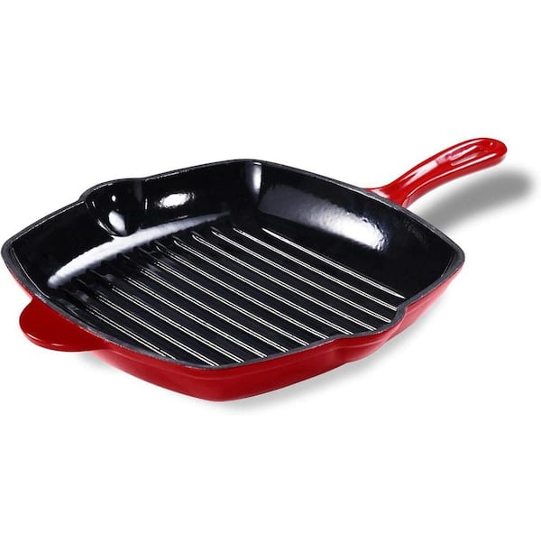 Square Cast Iron Nonstick Frying Pan in Red, Toxin-Free, Enamel Glazed, Induction Oven Grill Campfire Compatible