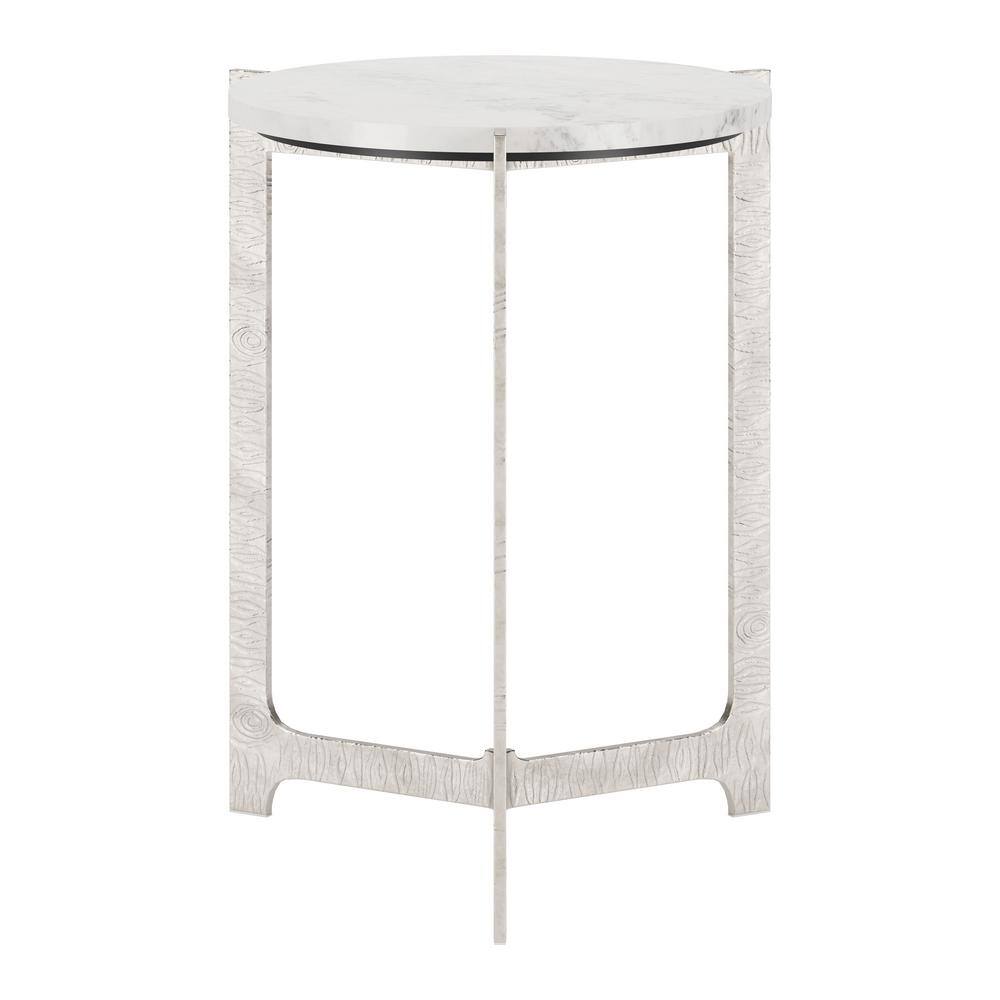 White Marble Top Round Side Table with Silver Cast Aluminum Base