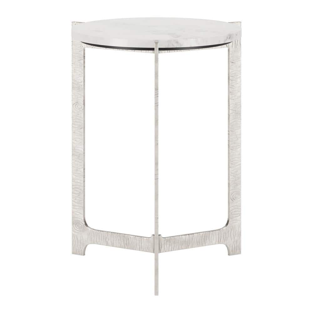 White Marble Top Round Side Table with Silver Cast Aluminum Base