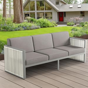 SquareChic Metal and Light Beige Wicker Outdoor 3-Seat Sectional Couch Sofa with Olefin Dark Gray Cushions